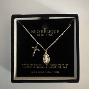 Medal Virgin Mary and Cross Crucifix Gold Plated Medallion Necklace Women